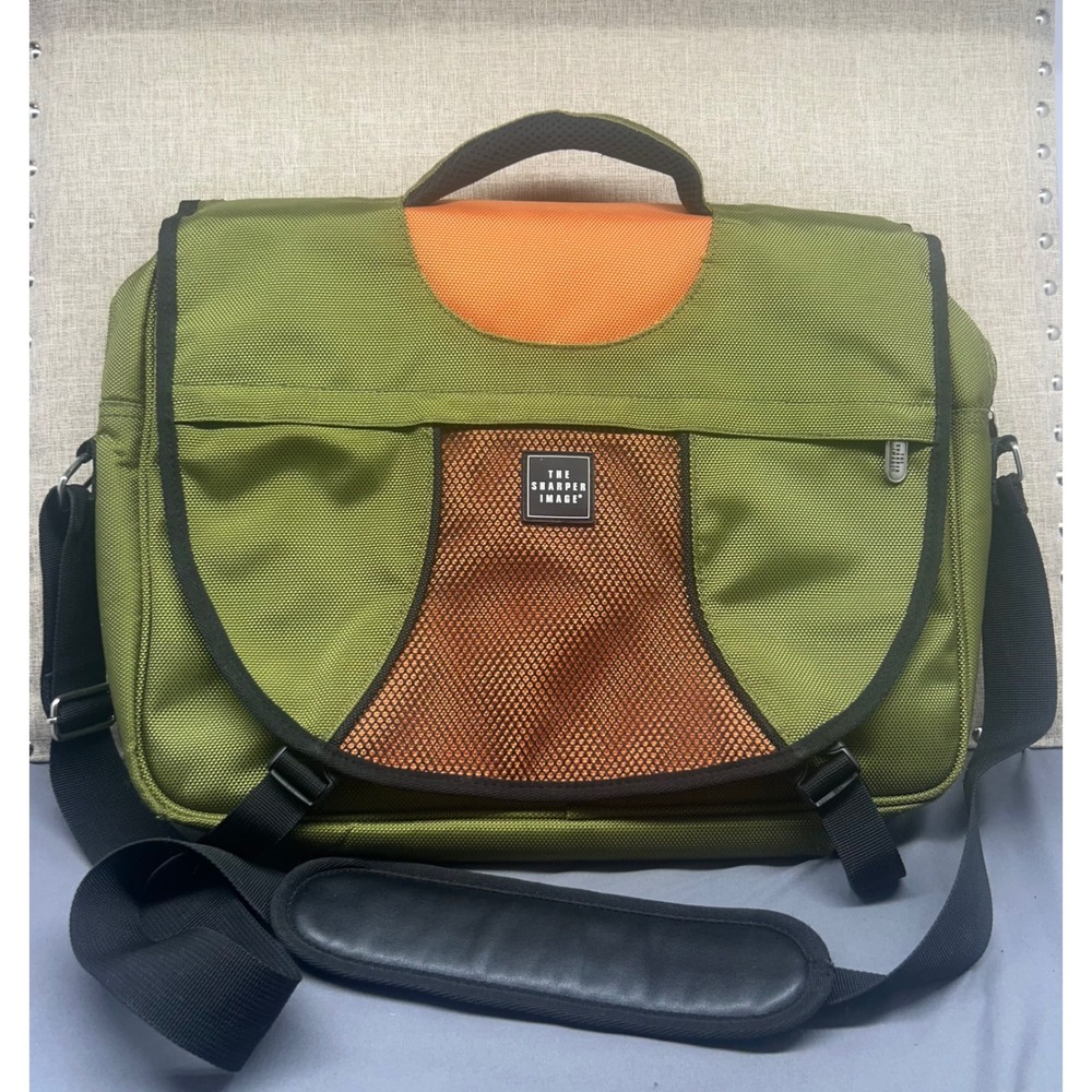 The Sharper Image‎ Messenger Bag Olive Green Orange Accents Tech Laptop Bag